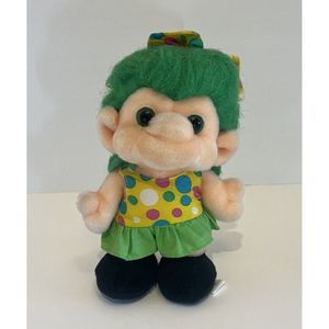 Trolio Troll Plush Doll Polka Dot Dress Bright Green Hair 8” Vintage 1992